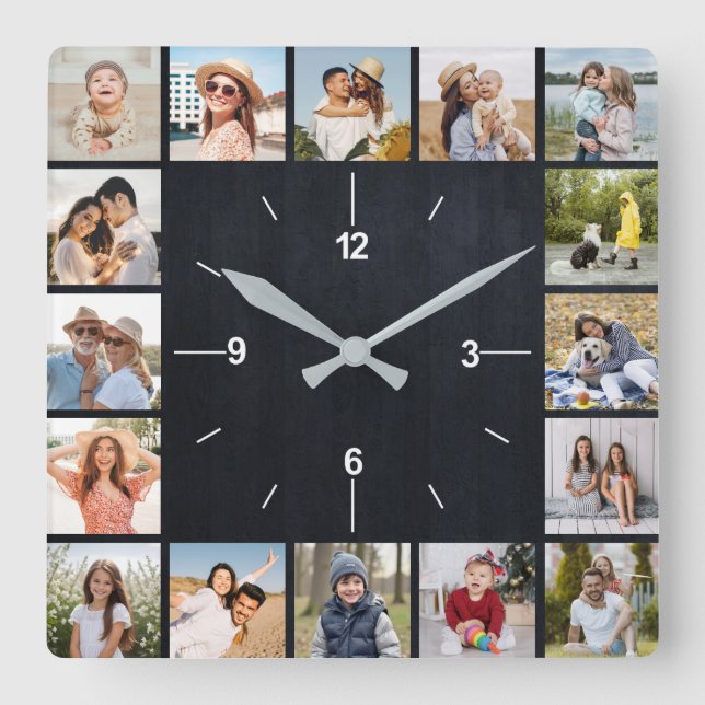 20 Photo Collage Faux Black Chalkboard Square Wall Clock (Front)