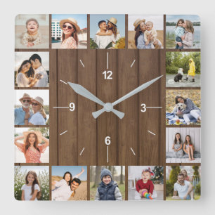 20 Photo Collage Faux Brown Wood Fence Square Wall Clock