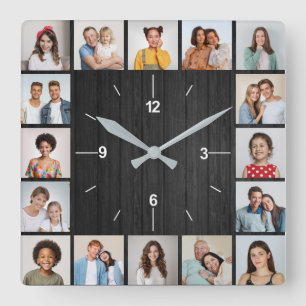 20 Photo Collage Faux Dark Black Wood Fence Square Wall Clock