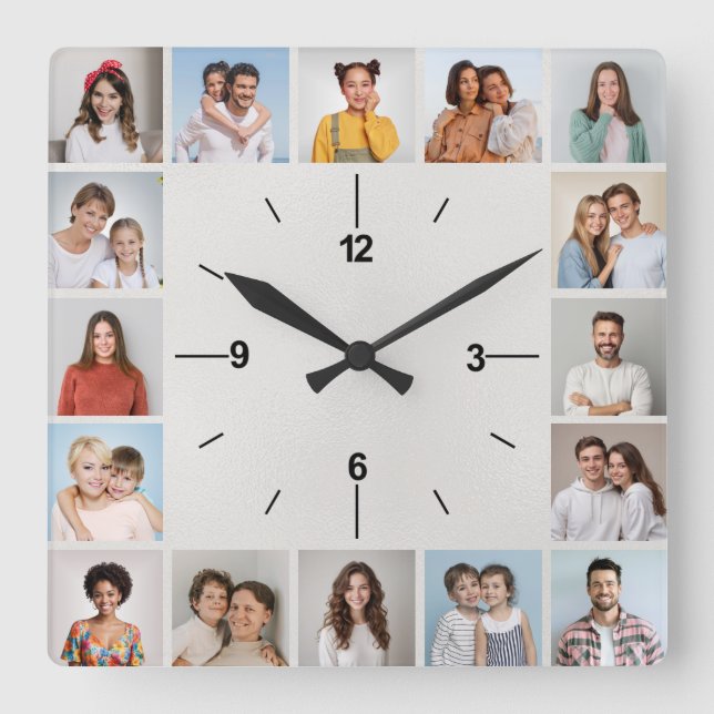 20 Photo Collage Metallic White Foil Square Wall Clock (Front)