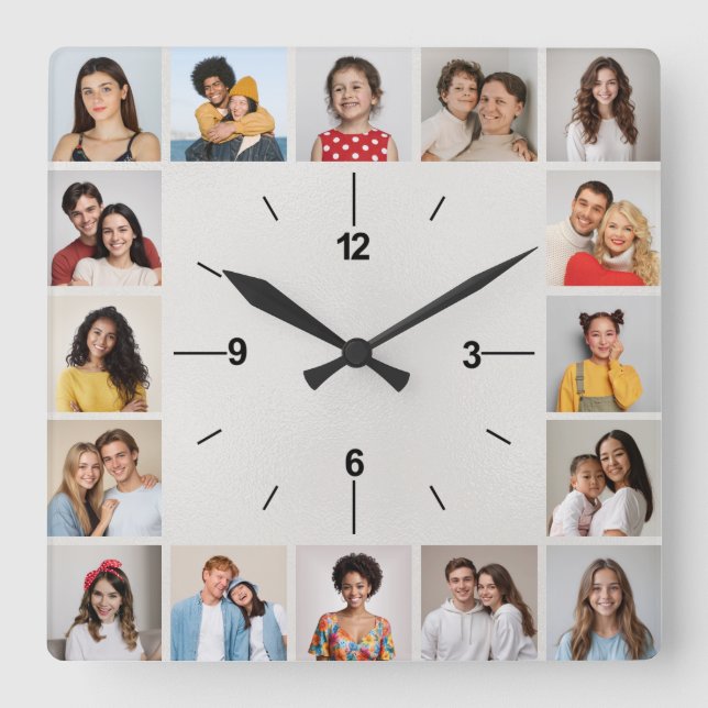 20 Photo Collage Metallic White Foil Square Wall Clock (Front)