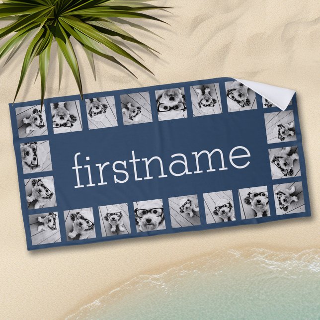 20 Photo Collage Pick your colour and add your nam Beach Towel (Personalized Beach Towel - Add Photos and Text)