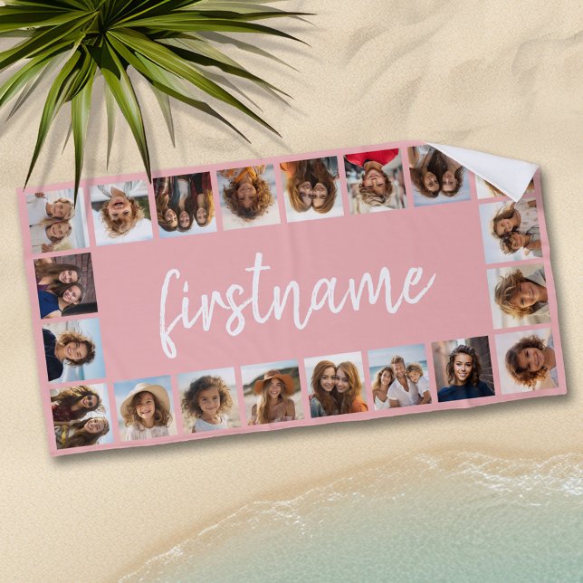 20 Photo Collage Pick your colour and add your nam Beach Towel (Personalized beach towel with photos and text)