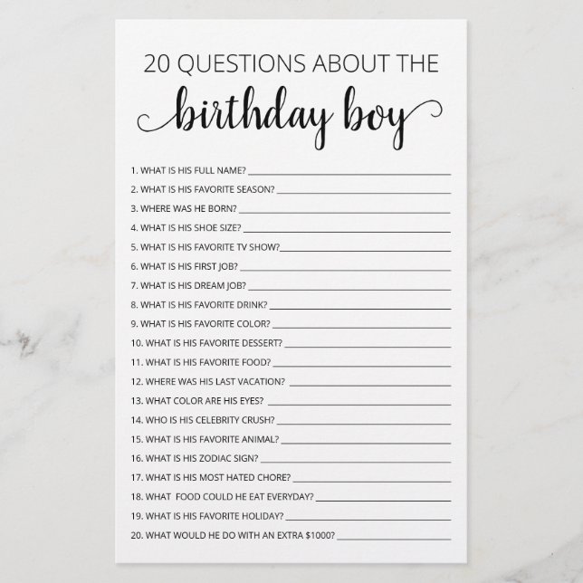 20 Questions about the Birthday Boy Birthday game (Front)