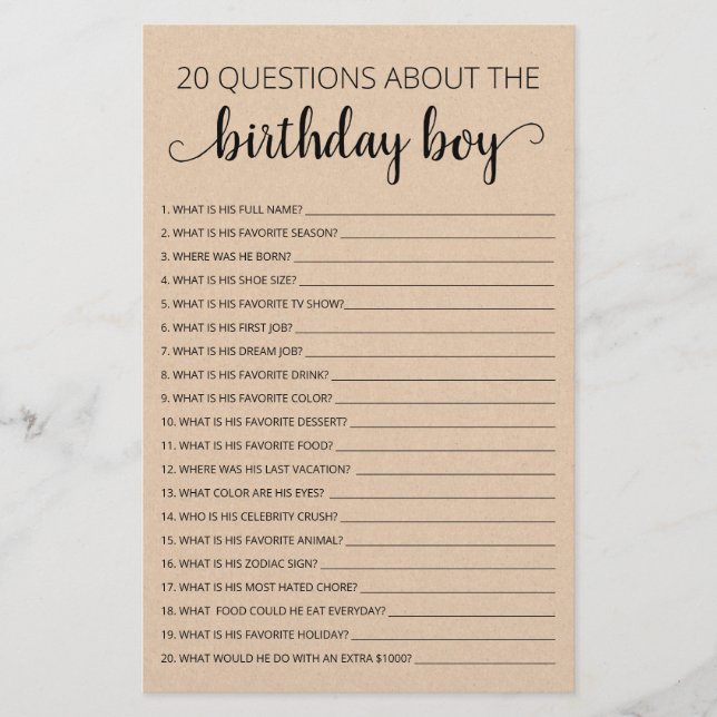 20 Questions about the Birthday Boy Birthday game (Front)
