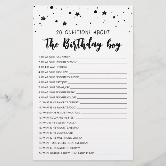 20 Questions about the Birthday Boy Birthday game (Front)