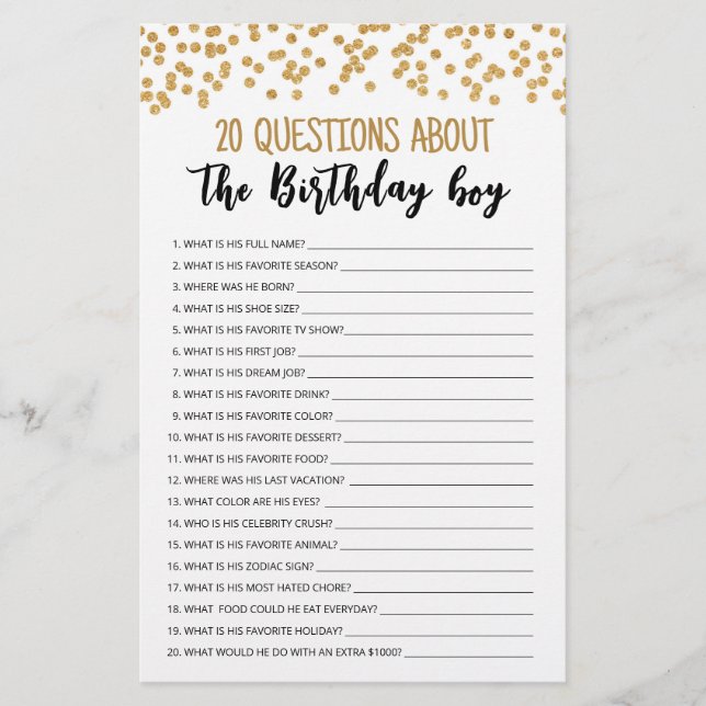 20 Questions About The Birthday Boy Editable Game (Front)