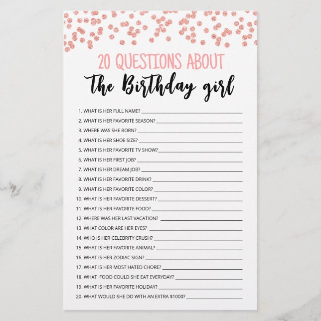 20 Questions About The Birthday Girl Editable Game (Front)