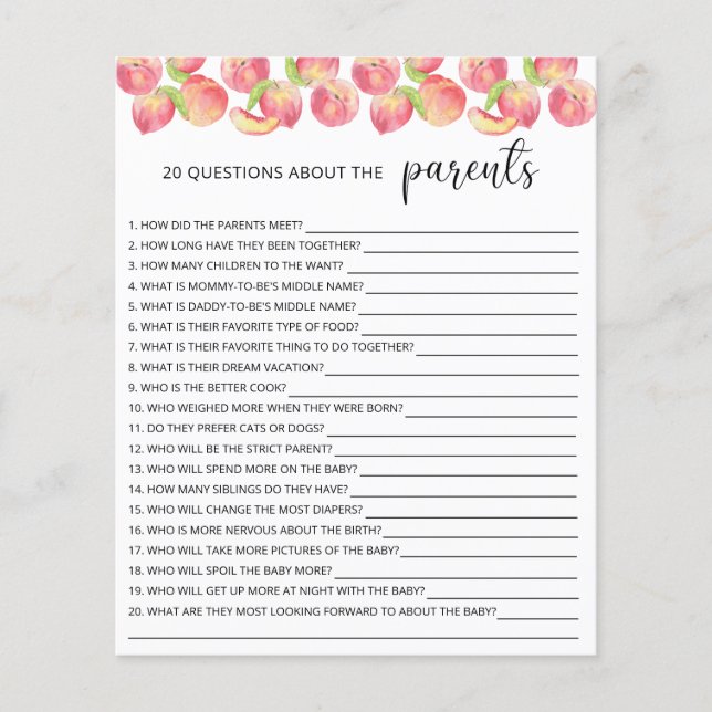 20 Questions about the Parents baby shower game (Front)