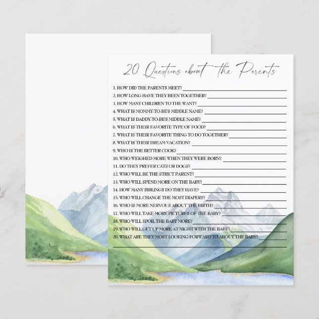 20 Questions about the Parents baby shower game (Front/Back)