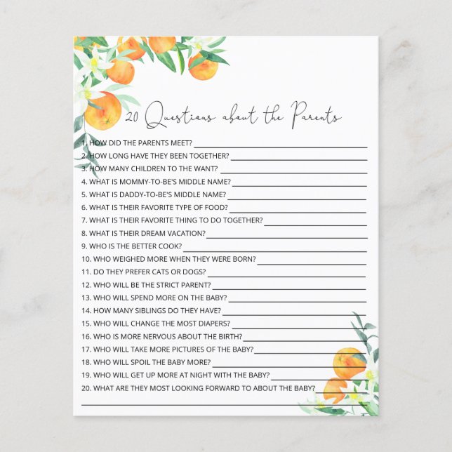 20 Questions about the Parents baby shower game (Front)