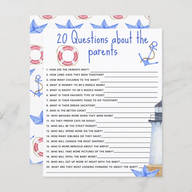 20 Questions about the Parents baby shower game (Front/Back)