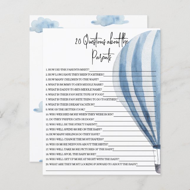 20 Questions about the Parents baby shower game (Front/Back)