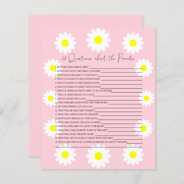 20 Questions about the Parents baby shower game (Front/Back)