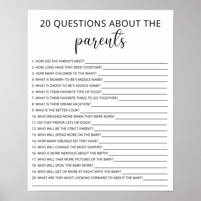 20 Questions about the Parents baby shower game Poster (Front)