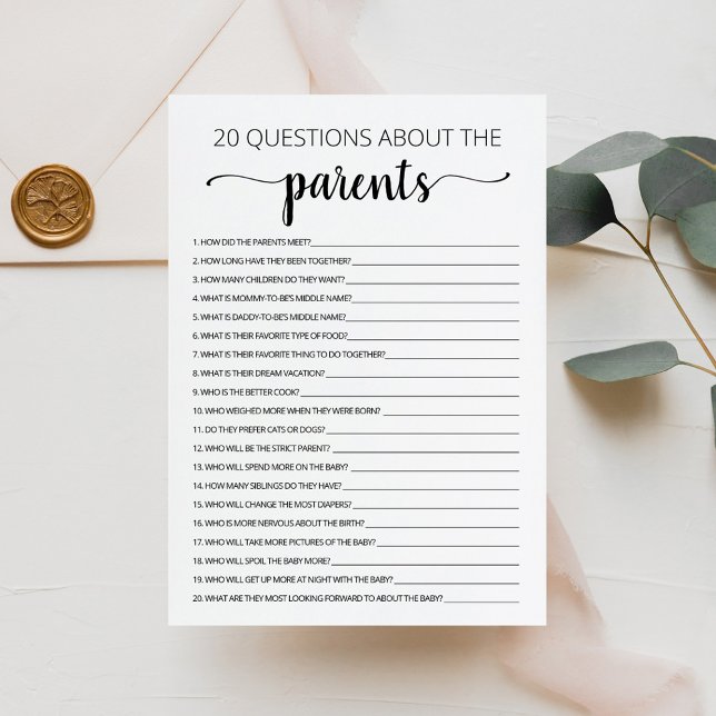 20 Questions sur la carte de Baby shower Parents (Créateur téléchargé)