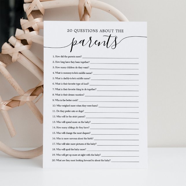 20 Questions sur Parents Baby shower Carte de jeu (Créateur téléchargé)