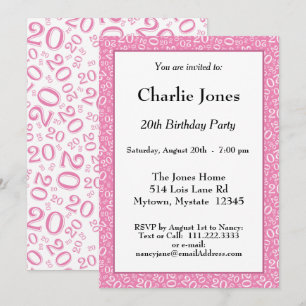 20 - Random Number Pattern Pink/White 20th Event Invitation