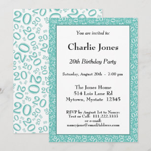 20 - Random Number Pattern Teal/White 20th Event Invitation