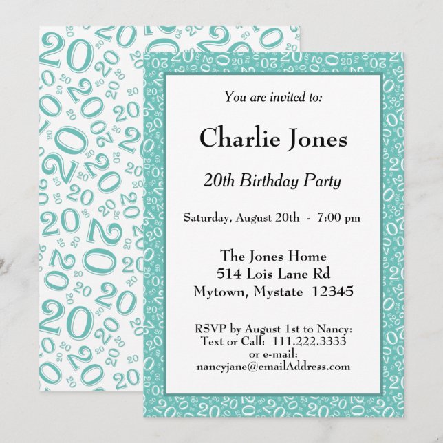 20 - Random Number Pattern Teal/White 20th Event Invitation (Front/Back)