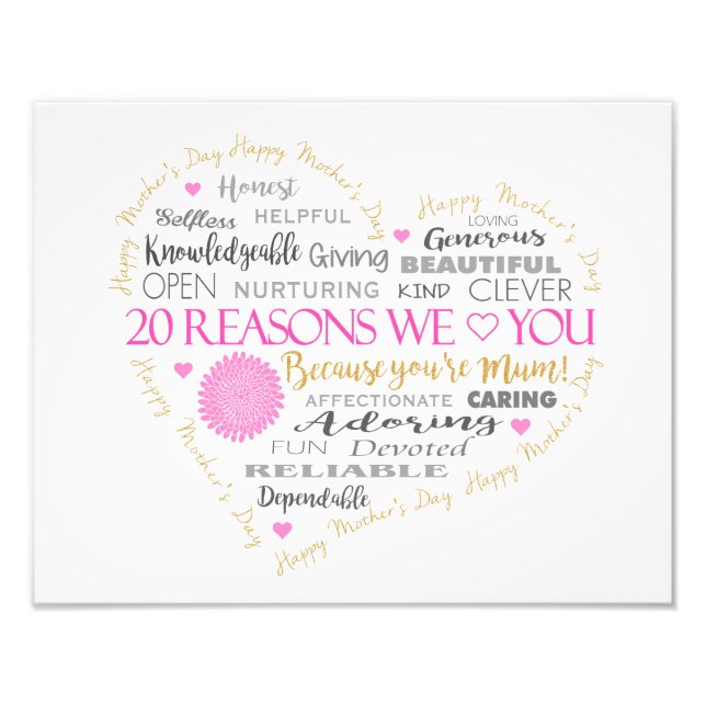 20 Reasons we Love you on Mother's Day. Photo Print (Front)