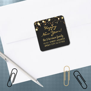 20 Return Address Label, Black & Gold Stars Square Sticker
