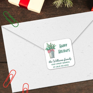 20 Return Address Potted Branches Red Plaid Bow Square Sticker