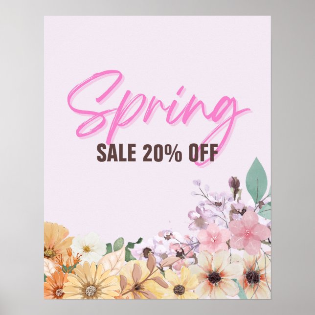 20% Sale Sign, Spring Sale Poster, Pink Floral  Poster (Front)