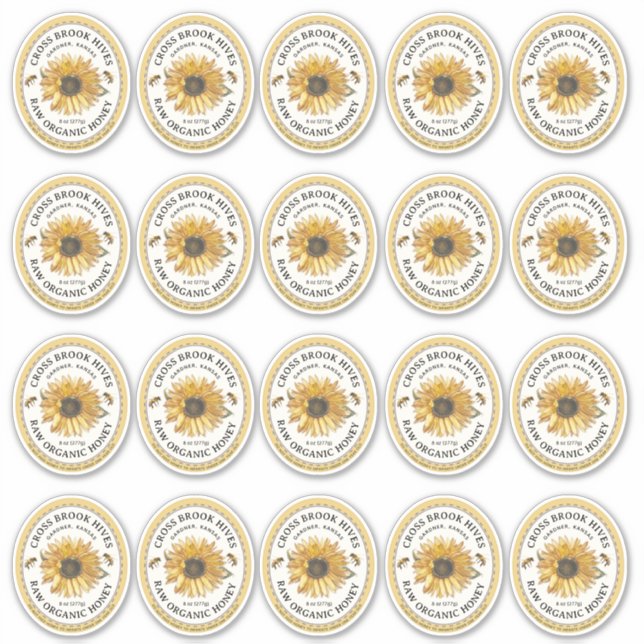 20 Small Jar Oval Sunflower Honey Label with Bee  (Front)