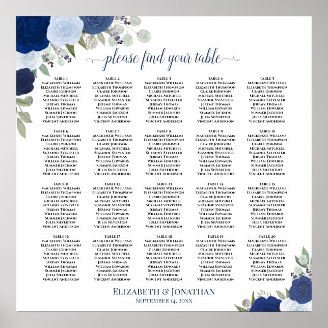 20 Table Elegant Blue Floral Wedding Seating Chart (Front)