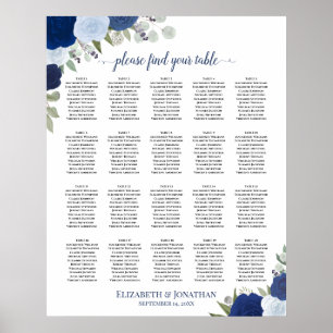 20 Table Elegant Blue Floral Wedding Seating Chart