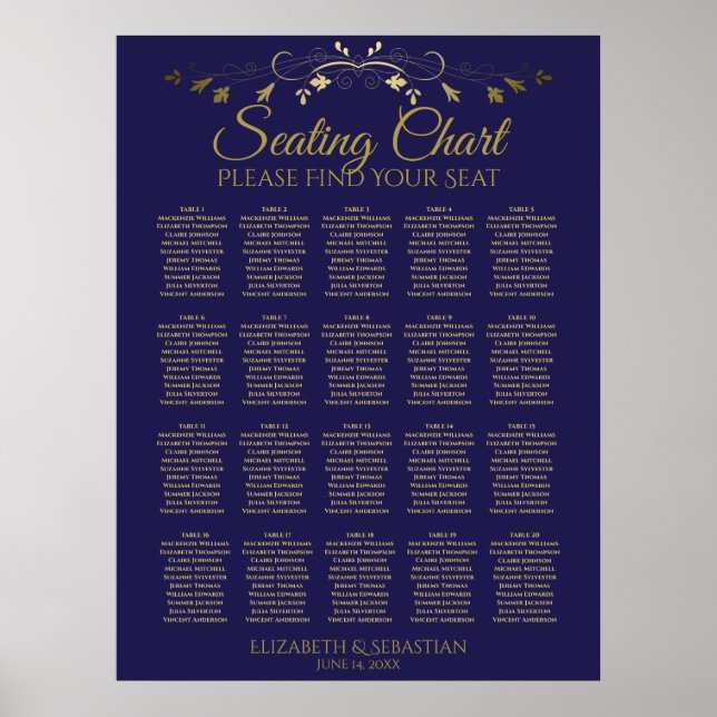 20 Table Elegant Gold & Navy Wedding Seating Chart (Front)