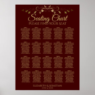 20 Table Gold & Burgundy Wedding Seating Chart