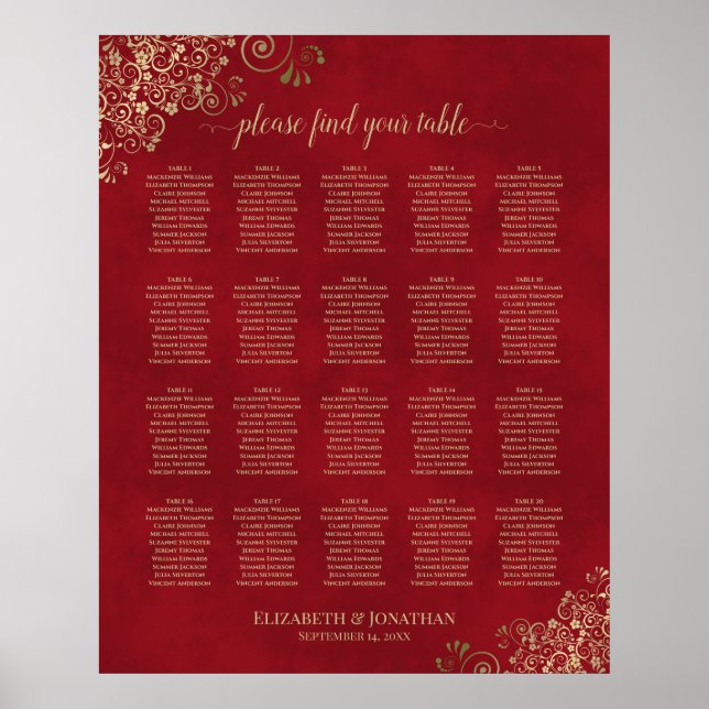20 Table Gold Frills on Red Wedding Seating Chart (Front)
