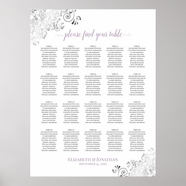 20 Table Lacy Wedding Seating Chart White Lavender (Front)