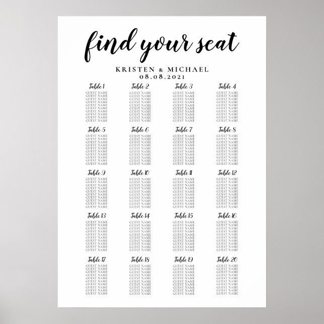20 Table Large Wedding Guest Seating Chart (Front)