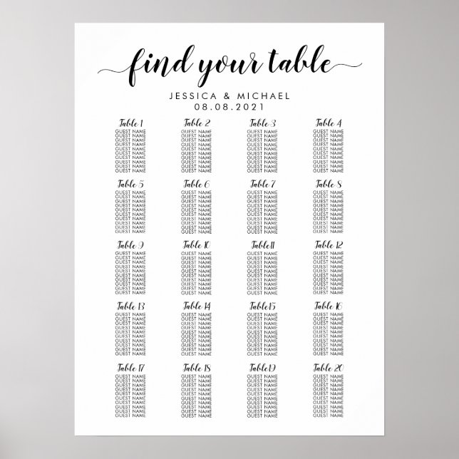 20 Table Large Wedding Guest Seating Chart (Front)