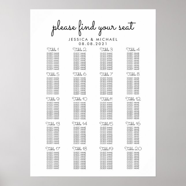 20 Table Large Wedding Guest Seating Chart (Front)