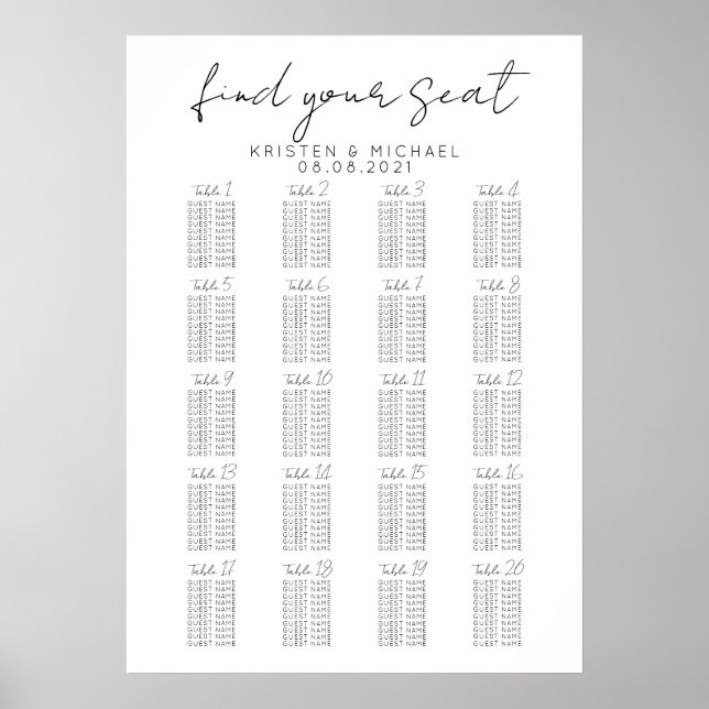 20 Table Large Wedding Guest Seating Chart (Front)