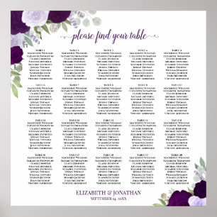 20 Table Purple Boho Floral Wedding Seating Chart