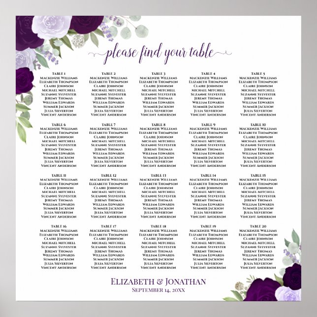 20 Table Purple Boho Floral Wedding Seating Chart (Front)