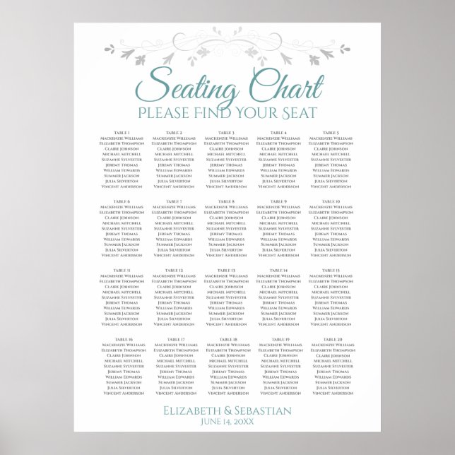 20 Table Simple Teal & Grey Wedding Seating Chart (Front)