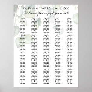 20 Table Watercolor Ecalyptus Wedding Seat Chart