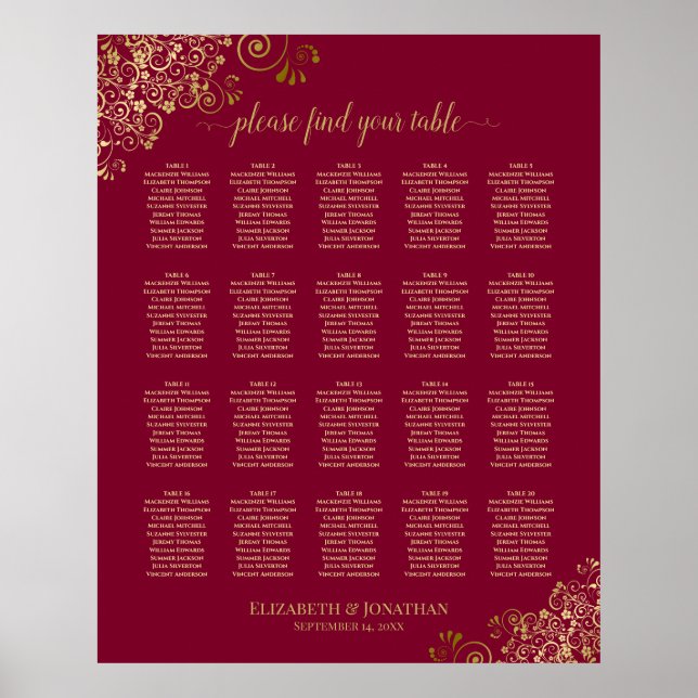 20 Tableau Élégant Burgundy & Gold Seating Chart (Devant)