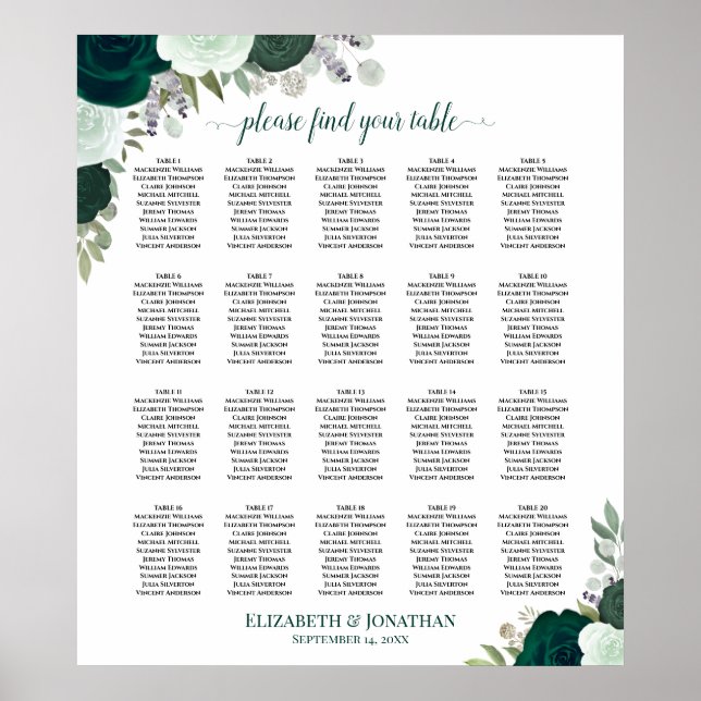 20 Tableau Emerald Boho Floral Mariage Carte de si (Devant)