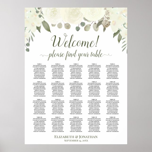 20 Tableau Sièges Mariages de roses blanches ivoir (Devant)