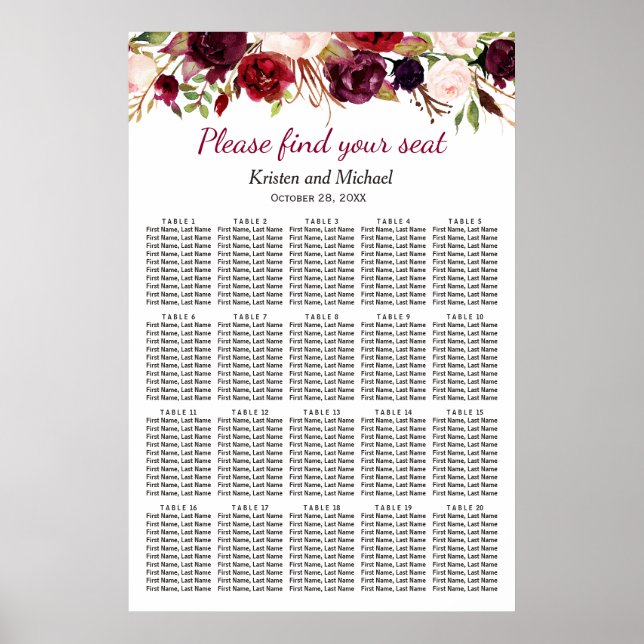 20 Tables Burgundy Floral Wedding Seating Chart (Front)