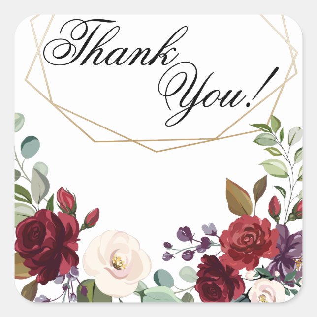 20 Thank You Stickers White Roses Gold Geometric (Front)