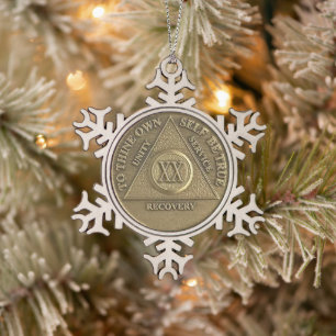 20 Year Sober Anniversary Medallion Snowflake Pewter Christmas Ornament