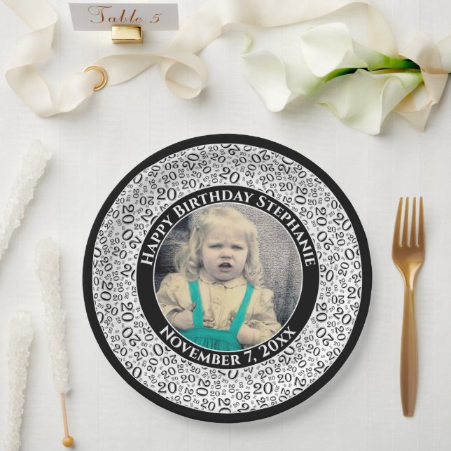 20 Your Photo Random Number Pattern Black/White Paper Plate (Wedding)